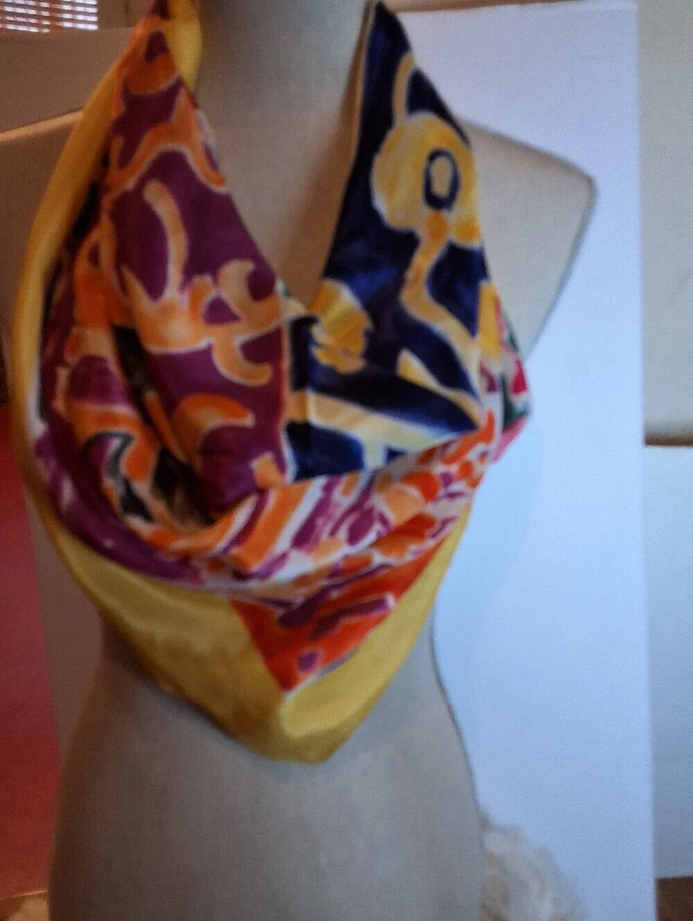 Vintage Silk Feel Scarf Rolled Edge Colorblock Floral Baroque Yellow Border